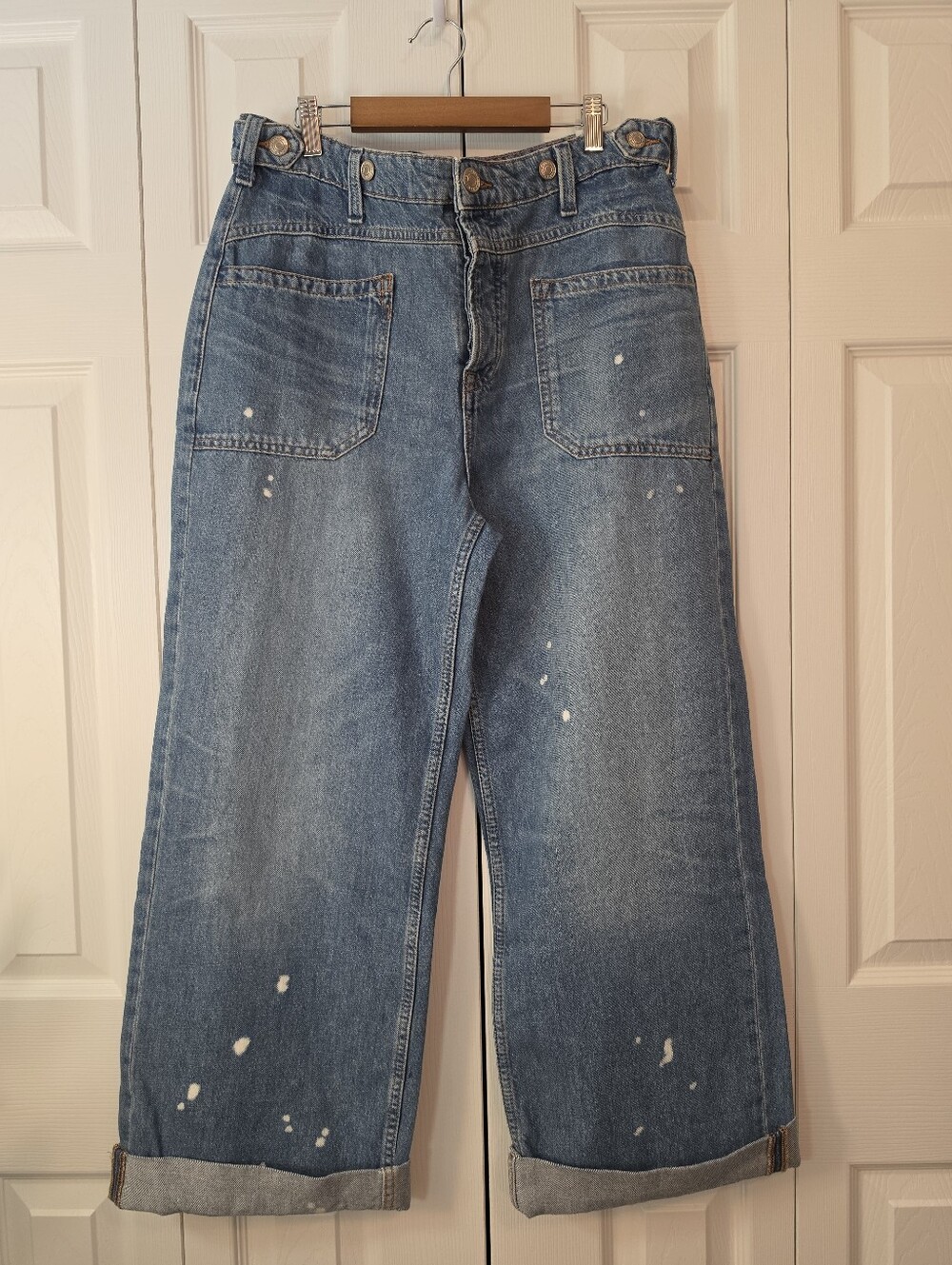 NWT Free People We The Free Palmer Cuffed Wide Leg Jeans Blue Paint Splatter 28